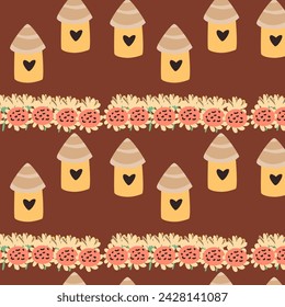 autumn red pattern with bird houses and sunflowers. Vector illustration isolated. Can used for wrapping paper, textile, greeting card, celebration design