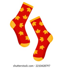 Autumn red socks with a pattern of maple leaves. Vector illustration isolated on white