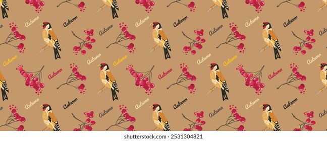 Autumn Red viburnum on a twig and goldfinch. Birds and berries pattern. Vector seamless organic background. For cozy fabric, wallpaper, textile, cards.