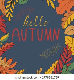 autumn red, yellow, green leaves, herbarium and lettering hello autumn on a blue background in doodle style, vector illustration for greeting card
