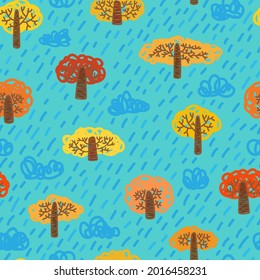 Autumn red, yellow and orange trees and rainy clouds and slanting rain on the blue background. Kids Drawing style seamless pattern vector illustration