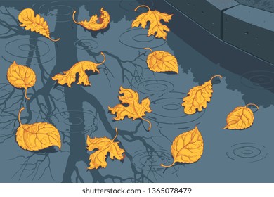 Autumn reflection in a puddle in the evening. Hand drawn engraving. Editable vector vintage illustration. 8 EPS