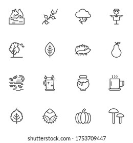 Autumn related line icons set, autumn season outline vector symbol collection, linear style pictogram pack. Signs logo illustration. Set includes icons as tree foliage, stormy weather, wind, vegetable