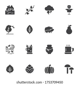 Autumn related vector icons set, autumn season modern solid symbol collection, filled style pictogram pack. Signs logo illustration. Set includes icons as tree foliage, stormy weather, wind, vegetable