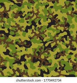 Autumn Repeated Artistic Vector Design. Camouflage Texture Brown Camouflage Seamless Pattern. Desert Repeated Army Vector Texture. Olive Seamless Creative Graphic Print. Green