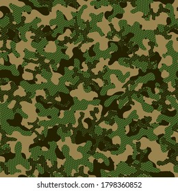 Autumn Repeated Monochrome Graphic Clouds. Green Camouflage Seamless Pattern. Olive Repeated Camo Vector Print. Khaki Seamless Fashion Vector Background. Camouflage Background Green