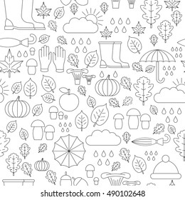 Autumn repeating, seamless pattern of elements symbolizing autumn, and autumn mood. The pattern is executed in a linear style.