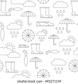 Autumn repeating, seamless pattern of elements symbolizing autumn, and autumn mood. The pattern is executed in a linear style.