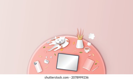 Autumn rest area with accessories on the table and a cat. Autumn workspace. paper cut and craft style. vector, illustration.