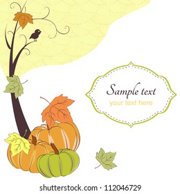 Autumn retro background with tree, pumpkins and frame for text