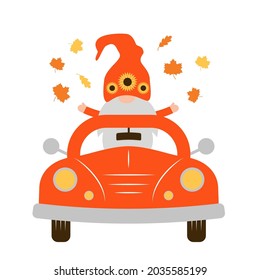 Autumn retro car and cute fall gnome. Vector  template for Thanksgiving  card, banner, typography poster, flyer, etc.