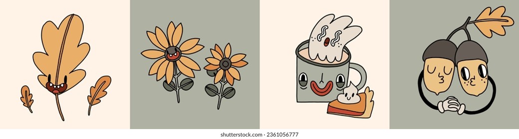 Autumn retro collection 70s cartoon mascot characters. Coffee cup, pumpkin pie, oak leaves, sunflower elements. 50s, 60s old animation style. Vintage comic fall season vector. Happy emotions. Isolated
