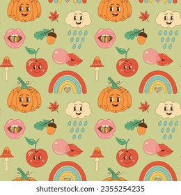 Autumn retro groovy seamless pattern. Hippie mushroom, pumpkin, apple, cloud, rainbow, lips and leaves on pastel background. 