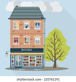 Autumn retro house with book shop on first floor. Flat style vector design.