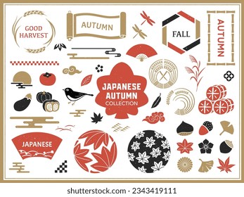 Autumn retro Japanese design collection. Frames, icons, decorations.