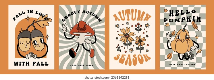 Autumn retro poster set with funny groovy mascots. A4 format card for Fall season. Pumpkin, leaves, mushrooms elements. Groovy autumn poster print template. Vintage cartoon style illustrations. Vector