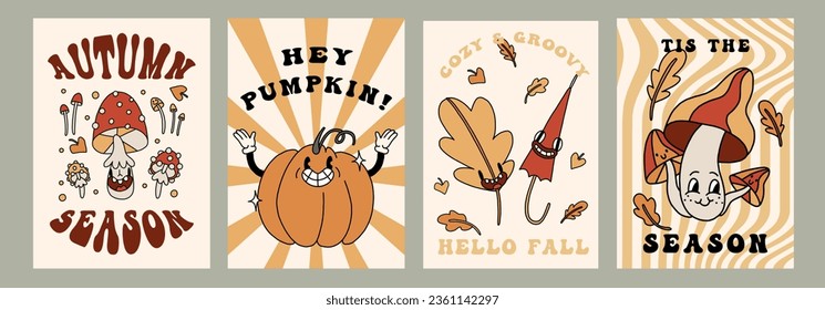 Autumn retro poster set with funny groovy mascots. A4 format card for Fall season. Pumpkin, leaves, mushrooms elements. Groovy autumn poster print template. Vintage cartoon style illustrations. Vector