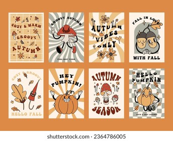 Autumn retro poster set with funny groovy mascots. A4 format card for Fall season. Pumpkin, leaves, mushrooms elements. Groovy autumn poster print template. Vintage cartoon style illustrations. Vector