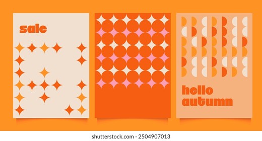 Autumn retro themed covers set. Abstract simple geometric patterns for cover design. Templates for print. Vertical banners, flyers for social media. Vector for seasonal offers, presentation.