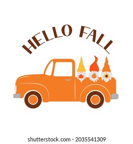 Autumn retro truck and cute fall gnomes. Vector  template for Thanksgiving  card, banner, typography poster, flyer, etc.