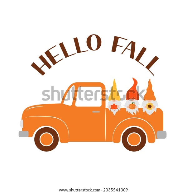 Autumn\
retro truck and cute fall gnomes. Vector  template for Thanksgiving\
 card, banner, typography poster, flyer,\
etc.
