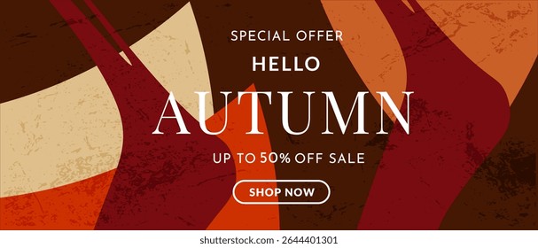 Autumn retro-style design inspired by the 80s–90s. Trendy geometric background patterns for web, social media, advertising, posters, banners, and covers. 50% sale offer. Vector template.