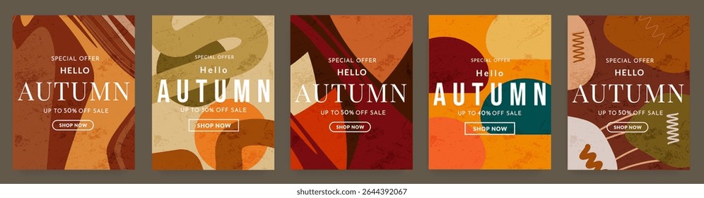 Autumn retro-style gradient design inspired 80s–90s. Trendy geometric background patterns for web, social media, advertising, posters, banners, covers. Includes 30–50% sale offer. Vector template.