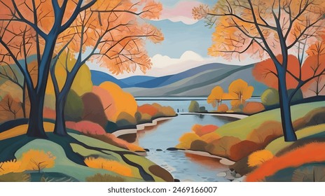 Autumn Reverie in the Lake District Background Seasonal Landscape Vector Illustration