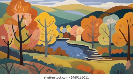 Autumn Reverie in the Lake District Background Seasonal Landscape Vector Illustration
