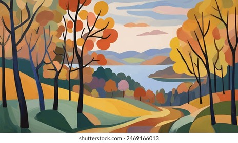 Autumn Reverie in the Lake District Background Seasonal Landscape Vector Illustration