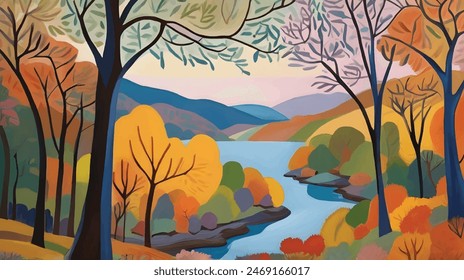 Autumn Reverie in the Lake District Background Seasonal Landscape Vector Illustration