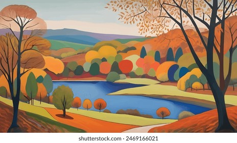 Autumn Reverie in the Lake District Background Seasonal Landscape Vector Illustration