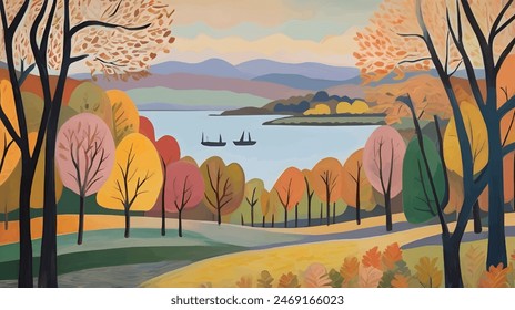 Autumn Reverie in the Lake District Background Seasonal Landscape Vector Illustration