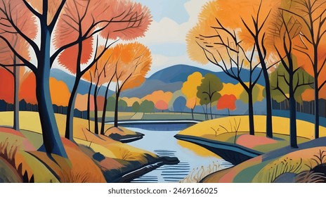 Autumn Reverie in the Lake District Background Seasonal Landscape Vector Illustration