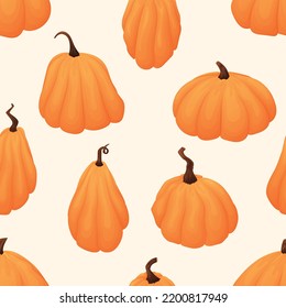 Autumn ripe pumpkin vegetables, vector seamless cartoon pattern.