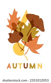 Autumn risographic concept with abstract leaves. Vintage minimalistic hand drawn illustration with grunge texture. Autumn monochromatic design. Ideal for background, banner, poster