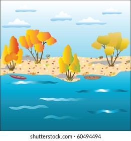 In the autumn at river coast. Vector illustration