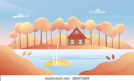 Herbstfluslandschaft, Vektorgrafik. Cartoon-Wohnung Herbst Sonnentag, Panorama-Naturwaldlandschaft mit Waldbäumen, ländliches Holzhaus am Flussufer, Saisonlandschaft, Holzhintergrund