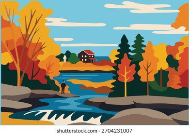 Ilustración vectorial de paisaje del río del otoño | Obra de arte colorida de la escena de la Naturaleza de la caída
