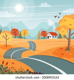 Autumn road. Landscape with mountains and hills. Vector illustration in flat style