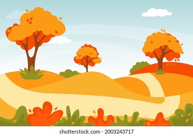 Autumn road landscape. Natural forest landscape. Vector fall foliage nature illustration.