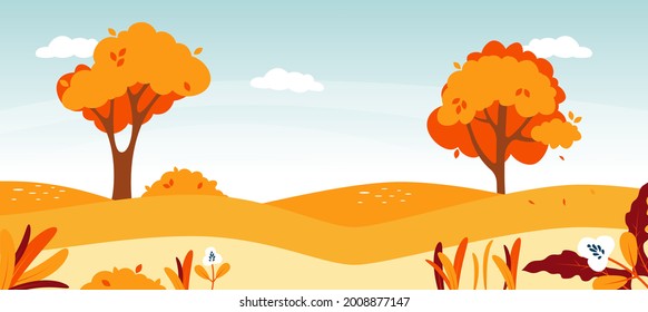 Autumn road landscape. Natural forest landscape. Vector fall foliage nature illustration.