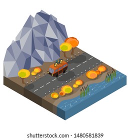 Autumn road landscape. The van is moving on the highway along river coast in the highlands. Travel by Car in autumn. Yellowed trees and bushes. Reed thickets. Vector isometric 3D Illustration.