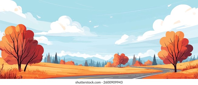 Autumn Road Landscape - Winding Road with Colorful Trees vector illustration