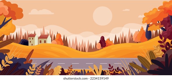 Autumn road landscape. Yellow bushes, plants and trees. Poster or banner for website. Nature and outdoor. Tranquil scene and rural landscape, agriculture concept. Cartoon flat vector illustration