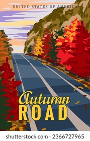 Autumn Road travel vintage poster, autumn road. Retro illustration