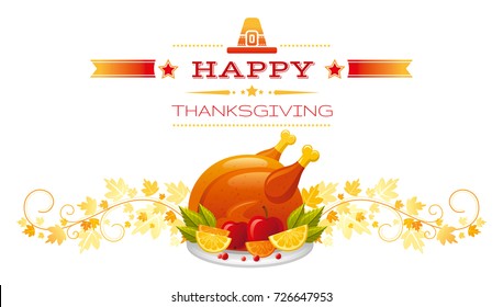 Autumn Roast Turkey Family Dinner Greeting Card. Harvest Festival Poster. Fall Party Invitation Banner. Happy Thanksgiving Day American Traditional Holiday, White Background, Vector Illustration Flyer