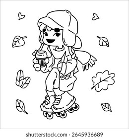 Autumn Roller Kid Coloring Page. Outline drawing of a child in autumn outfit roller skating with drink in hand, surrounded by falling leaves. Black and white cartoon coloring page.