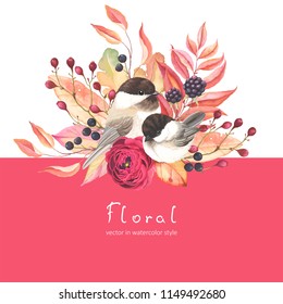 Autumn romantic card with birds Chickadee, red flower Ranunculus, blackberry, colorful leaves and berries. Vector illustration on red and white background.