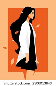 Autumn romantic woman brunette hair silhouette abstract geometric pastel background poster vector flat illustration. Elegant female contemporary artwork paint color minimalist figure t shirt print